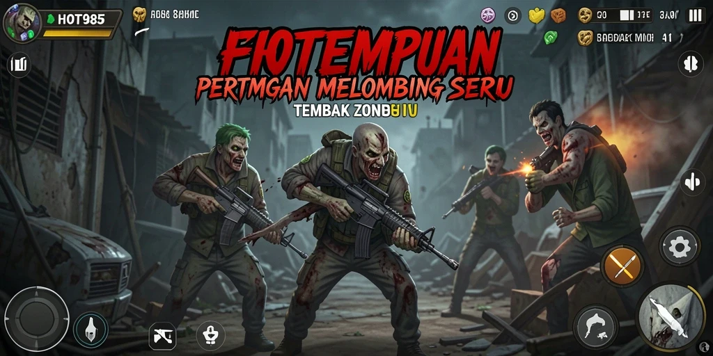Tampilan antarmuka HOT985 saat melawan zombie yang mengerikan.
