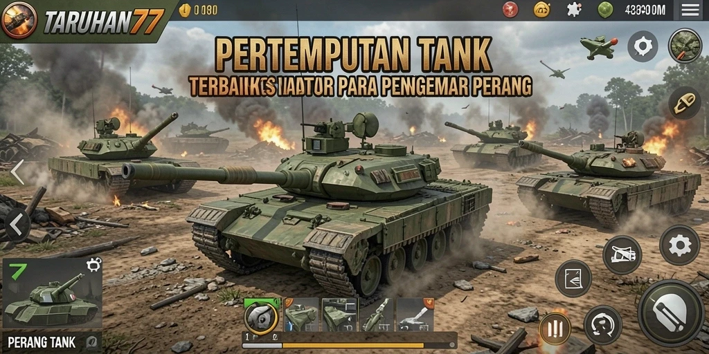 Screenshot utama TARUHAN77 menampilkan pertempuran tank intens di medan perang.